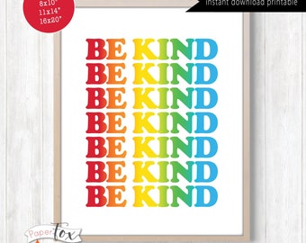 Printable wall art, Typography Print, Be Kind in Retro Modern Font, Dorm or Teen Room Decor, Rainbow, multiple size options