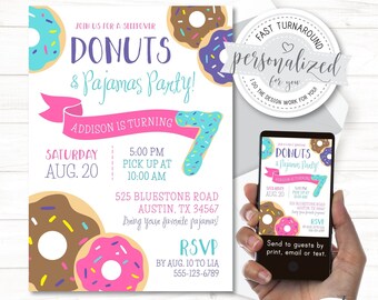 Donuts and Pajamas Invitation, Sleepover, Slumber Party Invitation, Digital file for print/email/text, I design for you