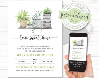 Housewarming party invitation featuring watercolor plants and succulents, Modern boho, For print/email/text