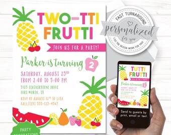 Verjaardagsuitnodiging Two-tti Frutti OF Tutti Frutti-verjaardag (elke leeftijd), digitale uitnodiging, om af te drukken/e-mailen/tekst