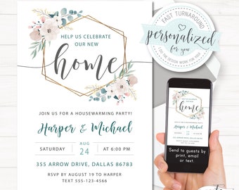 Housewarming party invitation featuring watercolor florals and modern gold-colored wreath, Digital invitation, Use for print/email/text