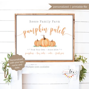 Letrero imprimible personalizado de Pumpkin Patch Farm con su apellido, decoración de otoño, archivo digital imprimible (JPG)