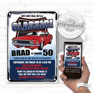 TOUT âge, faire-part 50e anniversaire, 60e anniversaire, etc., Faire-part voiture classique pour homme, Fichier numérique pour impression/email/texte, Surprise ou sans surprise