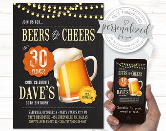 ANY age, 30th, 40th, 50th, etc. Birthday Invitation for men, Beers and Cheers, Surprise party OR no surprise, For print/email/text