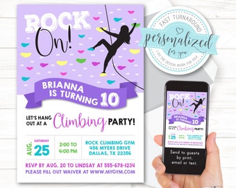 Rock Climbing Party Birthday Invitation, Rock Wall Climbing Party, Send by print, text or email