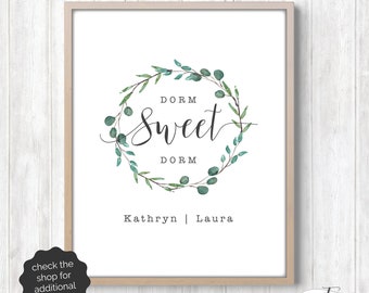 Personalized dorm room decor (printable JPG file) customized with roommates' names. "Dorm Sweet Dorm"