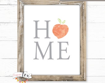 Printable Wall Art, Digital Art Featuring the word "home" with a watercolor peach, Peach Decor, Instant Download