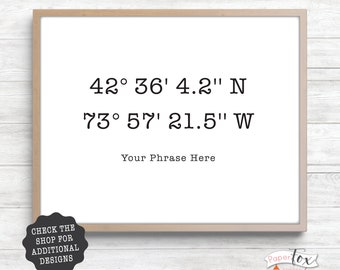 GPS coordinates sign customized with your phrase, Printable File (JPG)