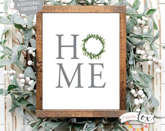 Farmhouse Printable Wall Art, Featuring the word "home" with a watercolor boxwood wreath, Instant Download