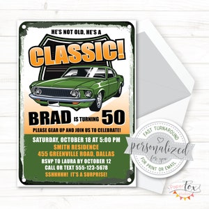 TOUT âge, 50e anniversaire, 65e anniversaire, etc., Faire-part voiture classique pour homme, Fichier numérique pour impression/email/texte, Surprise ou sans surprise