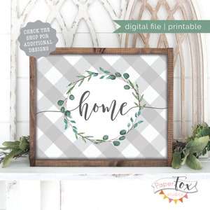 Farmhouse Printable Wall Art, Featuring the word "home" with a watercolor wreath and buffalo plaid background, Instant Download