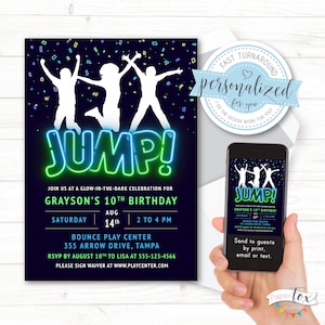 Trampoline Party Birthday Invitation, Jump Party, Glow-in-the-Dark, Bounce Party, Print, text or email