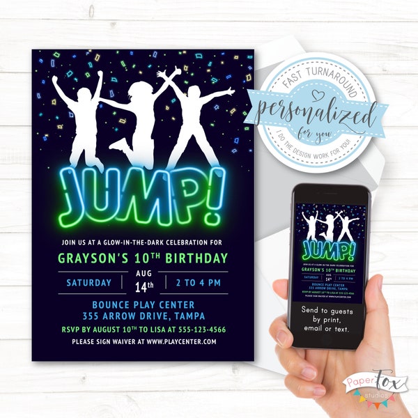 Trampoline Party Birthday Invitation, Jump Party, Glow-in-the-Dark, Bounce Party, Print, text or email