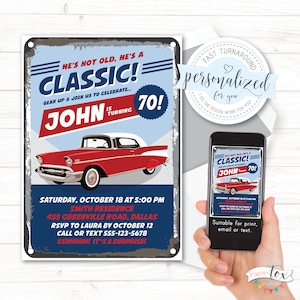 TOUT âge, faire-part pour le 60e anniversaire, le 70e anniversaire, etc. Avec une voiture classique. Choisissez une fête surprise OU sans surprise. Pour impression/courriel/ou texte.