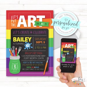 Invitación a fiesta de cumpleaños de arte, invitación a fiesta de arte, fiesta de arte arcoíris, invitación a fiesta de pintura, fiesta de pintura, imprimir, enviar por mensaje de texto o correo electrónico