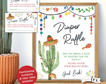 May include: Printable sign and two tickets for a diaper raffle with a cactus and sombrero theme. The sign says "Diaper Raffle" and "Did you bring a pack of diapers for the raffle? Please enter your ballot here! Good luck!"