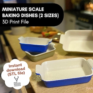 May include: Miniature baking dishes in two sizes, 3D print file. The dishes are rectangular with a white interior and blue or green exterior. The image includes the text "Instant download (STL file)".