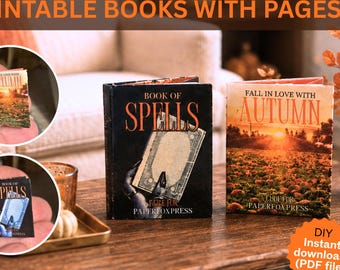 Two printable miniature books with pages (autumn and Halloween), dollhouse and diorama minis, 1:12 scale, printable DIY miniature decor.