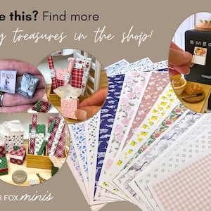 May include: A collage of miniature items, including tiny books, gift boxes, and patterned papers. A miniature black refrigerator with the brand name "SMEG" is also visible. The text "Love this? Find more tiny treasures in the shop!" is displayed.