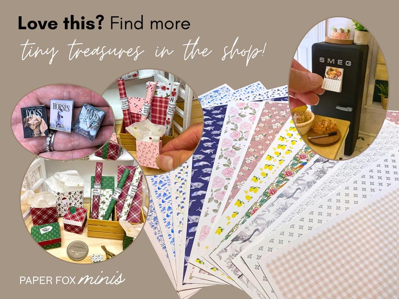 May include: A collage of miniature items, including tiny books, gift boxes, and patterned papers. A miniature black refrigerator with the brand name "SMEG" is also visible. The text "Love this? Find more tiny treasures in the shop!" is displayed.