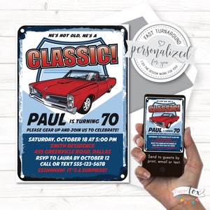 Faire-part d'anniversaire voiture classique pour homme, TOUT âge, faire-part 50e anniversaire, 60e, 70e anniversaire, etc. Pour impression/email/texte. (Soirée surprise ou non).