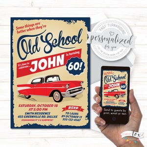 Birthday invitation for 60th, 70th, 75th, ANY age, Featuring a Classic Car, Invitations for men, For print/email/text