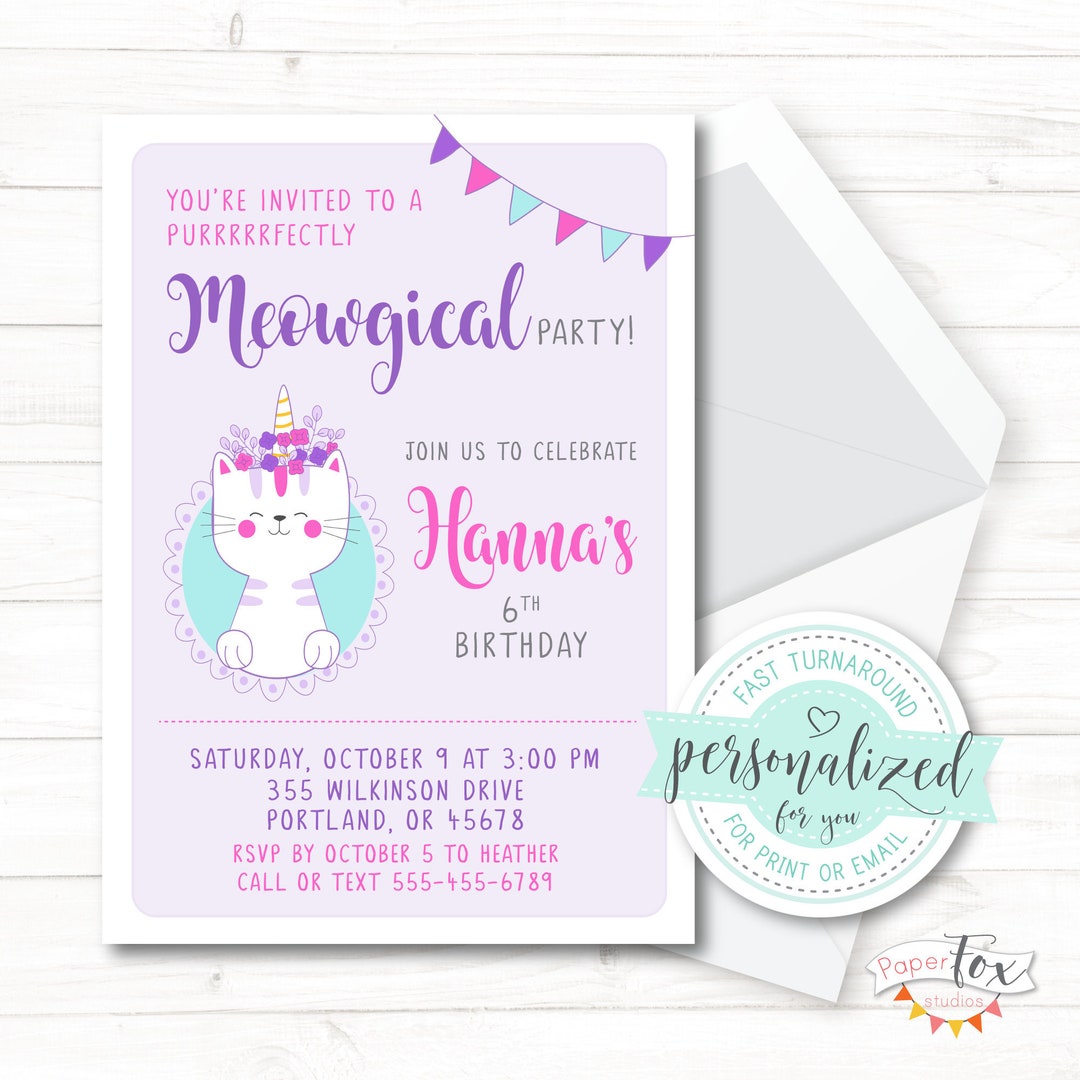 Caticorn Birthday Invitation, Unicorn Cat Party, Cat Invitation ...