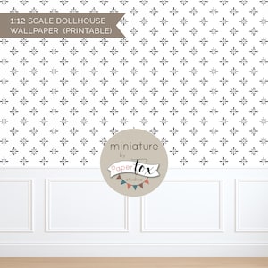 May include: Printable 1:12 scale dollhouse wallpaper featuring a repeating pattern of small, dark gray starbursts on a white background. The image includes a white wainscoting and a light brown floor.