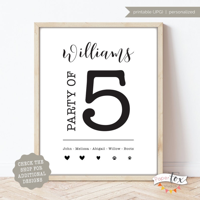 Personalized 'party of' printable sign featuring your last name, first names and dog/cat paw prints and names, Custom, Printable file JPG image 1
