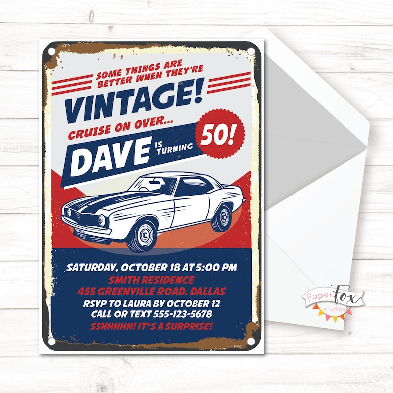 ANY age, 60th birthday invitation, 50th birthday invitation, Birthday invitation for men, Classic Car Invitation, For print/text/email image 1