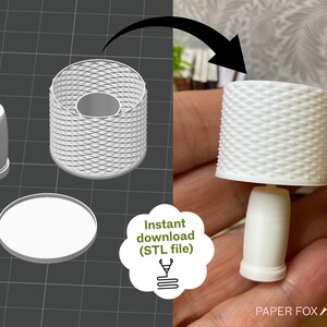 May include: A miniature white lamp with a textured lampshade and a cylindrical base. The image also shows a 3D model of the lamp, a separate base, and a small bottle. The text "Instant download (STL file)" is visible.