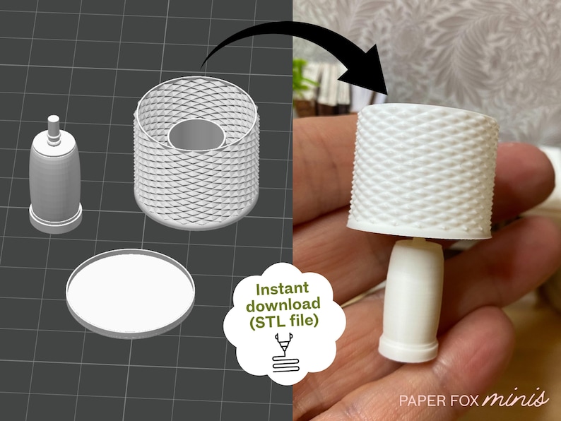 May include: A miniature white lamp with a textured lampshade and a cylindrical base. The image also shows a 3D model of the lamp, a separate base, and a small bottle. The text "Instant download (STL file)" is visible.