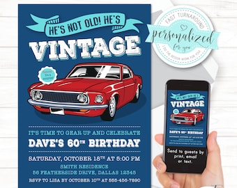 Jedes Alter, 60er Geburtstagseinladung, 50er, 65er. Geburtstagseinladung für Männer mit einem Vintage Oldtimer. Digital für Druck/E-Mail/Text.
