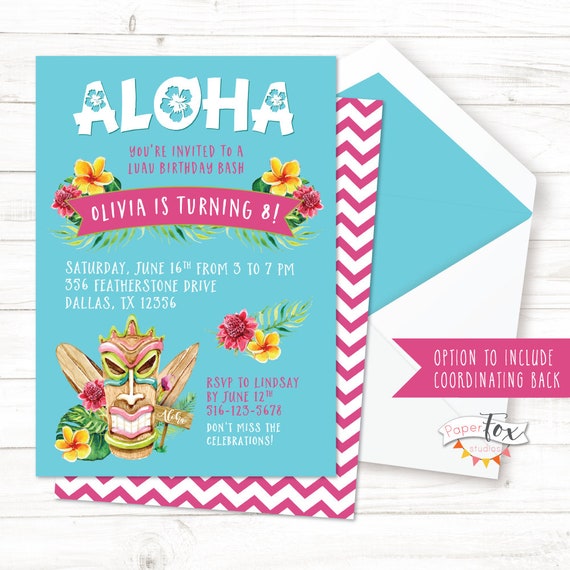 Luau Birthday Invitation Luau Party Tiki Party Hawaiian Etsy