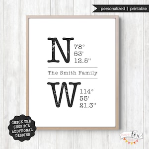 Printable GPS Coordinates Sign (JPG), Personalized GPS gift, Housewarming Gift, Personalized Gift, Latitude Longitude, Last Name Sign