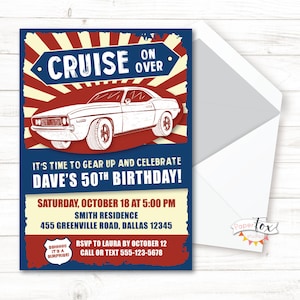 ANY age, 50th birthday for men, 40th birthday, 60th Birthday, Vintage Car Birthday Invitation, Classic Car, Muscle Car, For print/text/email