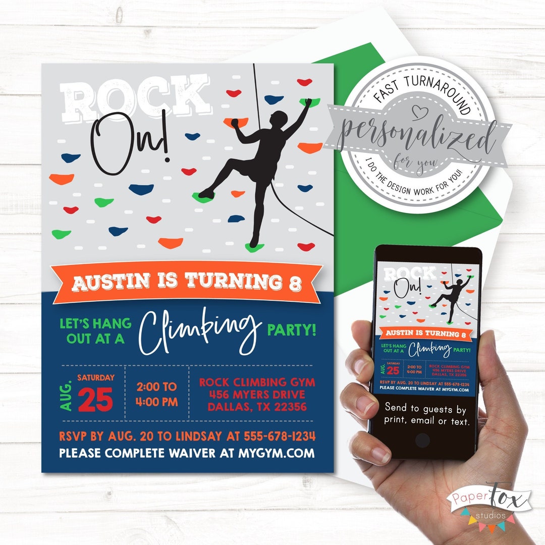 Rock Climbing Party Birthday Invitation Rock Wall Climbing Etsy