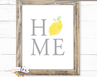 Printable Wall Art, Digital Art Featuring the word "home" with a watercolor lemon, Lemon Decor, Instant Download