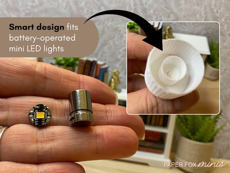 May include: Miniature LED lights and a white, textured container are displayed. The text reads "Smart design fits battery-operated mini LED lights." The lights are designed for miniature projects. The image shows the components of a miniature lighting system.