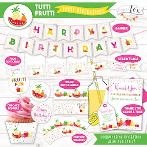 Tutti Frutti / Twotti Frutti party decorations set featuring favor tags, food cards, banner, cupcake wraps and more, DIGITAL printable item