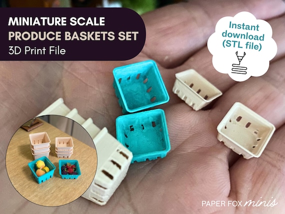 STL file: Miniature dollhouse fruit, berry, produce baskets (pint and quart). For 3D printing - Instant download