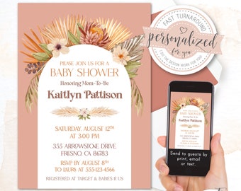 Boho Baby Shower Invitation, Boho Arch, Bohemian Baby Shower Invite, Pampas Grass, Digital invitation for print/email/text