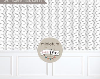 May include: Printable 1:12 scale dollhouse wallpaper featuring a repeating pattern of gray diamond shapes on a white background. The wallpaper is designed for miniature projects and includes the text "1:12 SCALE DOLLHOUSE WALLPAPER (PRINTABLE)".