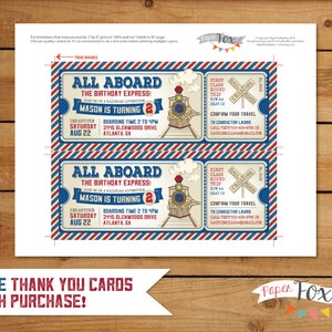 May include: A printable train ticket invitation for a birthday party. The invitation is red, white, and blue with a train illustration. The text reads "All Aboard The Birthday Express! Mason is turning 2".