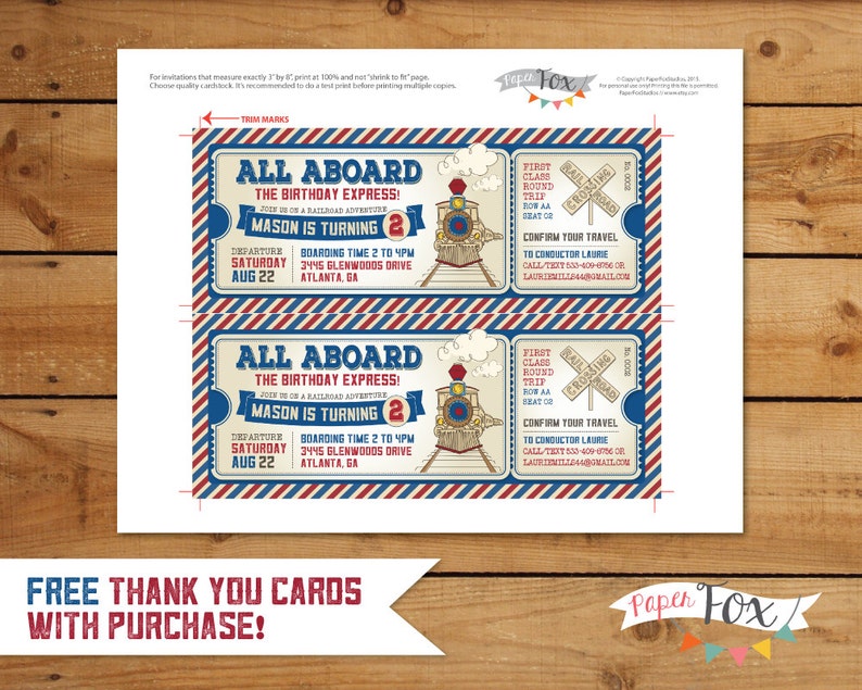 May include: A printable train ticket invitation for a birthday party. The invitation is red, white, and blue with a train illustration. The text reads "All Aboard The Birthday Express! Mason is turning 2".