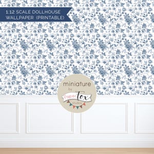 May include: A dollhouse wallpaper with a blue floral pattern on a white background. The text "1:12 Scale Dollhouse Wallpaper (Printable)" is in a blue banner. The PaperTox Studios logo is in the center.