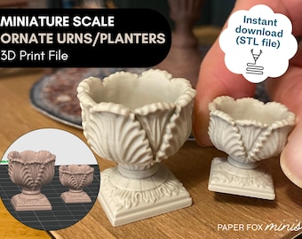 STL file: Dollhouse miniature ornate urns/planters, Print file for 3D printing, Miniature garden plant decor, Instant download item