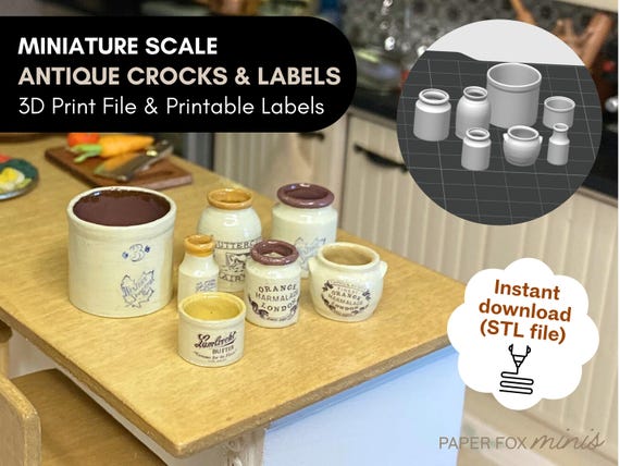 STL file: Dollhouse miniature antique stoneware crocks set, Includes printable labels, Digital files for 3D printing, Instant download