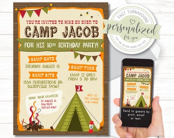 Camping Camp Out Birthday Invitation, Use for sleepover or same day camp-themed party, Any Age, For print, email or text