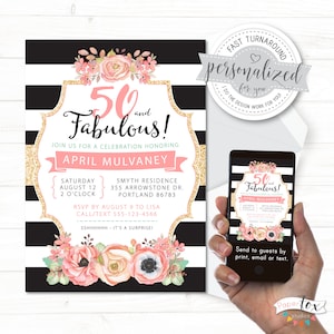 ANY age, 50th birthday invitation for her, 60th, 65th birthday, Surprise party OR no surprise, 50 and fabulous, Digital for print/email/text